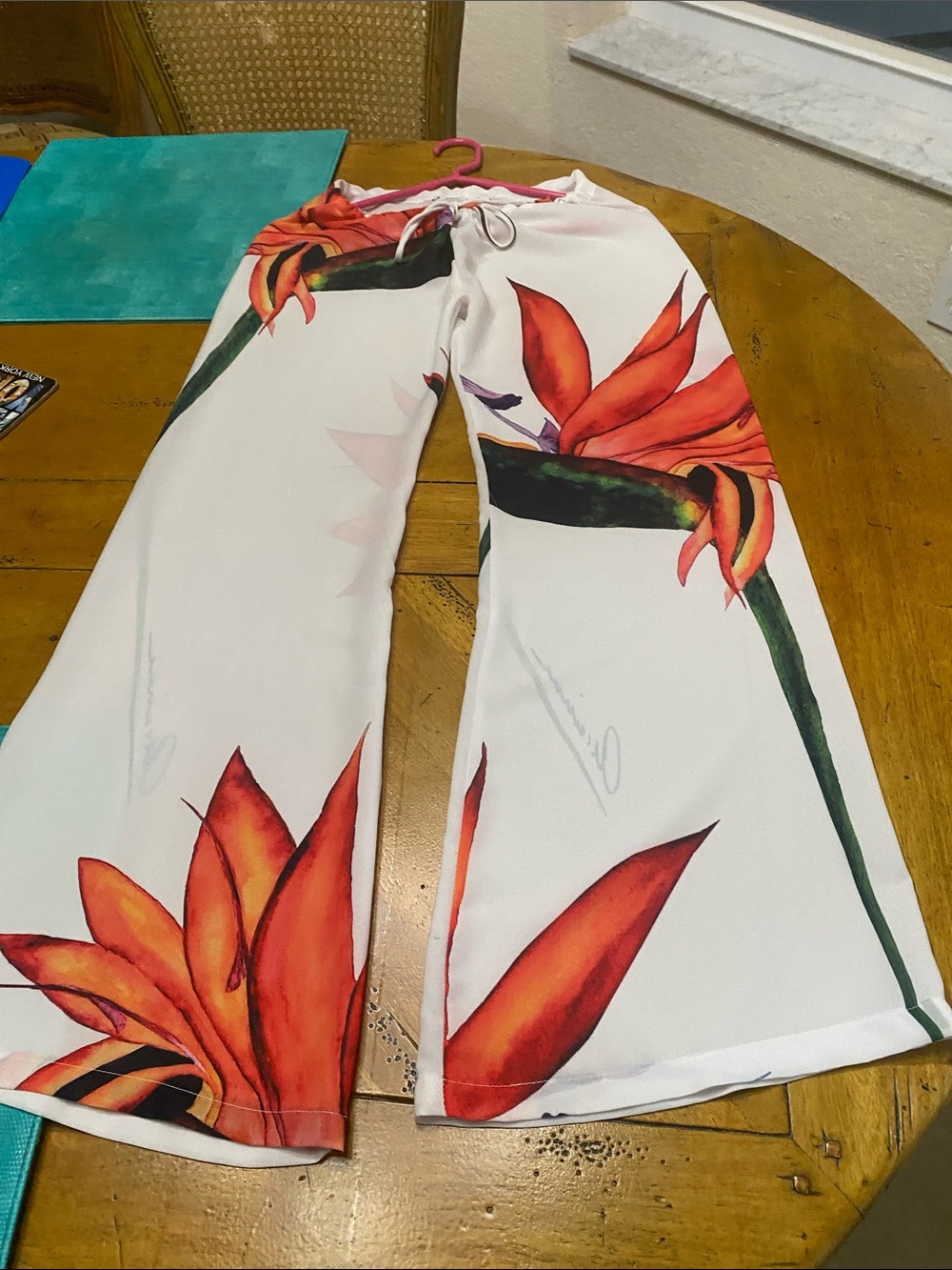 White Wide-Leg Floral Print Pants with Orange Red Blooms